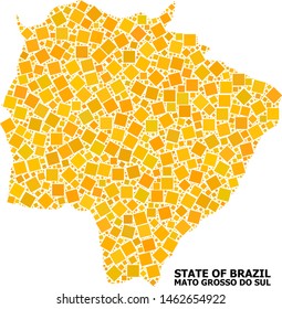 Gold square mosaic vector map of Mato Grosso do Sul State. Abstract mosaic geographic map of Mato Grosso do Sul State is designed from scattered flat rotated square dots.