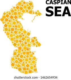 Gold square mosaic vector map of Caspian Sea. Abstract mosaic geographic map of Caspian Sea is composed with randomized flat rotated square points. Vector illustration in yellow golden color hues.