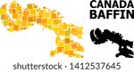 Gold square pattern and solid map of Baffin Island. Vector geographic map of Baffin Island in yellow golden color variations. Abstract concept is constructed from random flat square elements.