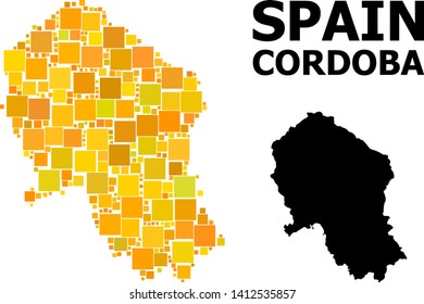 Gold square pattern and solid map of Cordoba Spanish Province. Vector geographic map of Cordoba Spanish Province in yellow golden color shades.