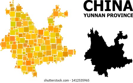 Gold square pattern and solid map of Yunnan Province. Vector geographic map of Yunnan Province in yellow golden color tints. Abstract composition is designed with scattered flat square elements.