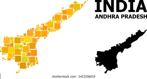 Gold square pattern and solid map of Andhra Pradesh State. Vector geographic map of Andhra Pradesh State in yellow golden color variations. Abstract collage is created with random flat square parts.