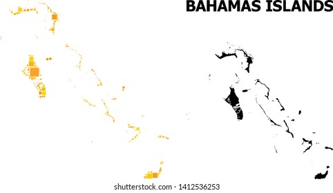 Gold square pattern and solid map of Bahamas Islands. Vector geographic map of Bahamas Islands in yellow golden color hues. Abstract collage is constructed with random flat square points.