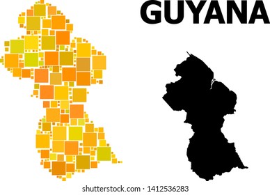 Gold square pattern and solid map of Guyana. Vector geographic map of Guyana in yellow golden color tones. Abstract concept is combined from scattered flat square items.