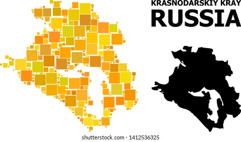 Gold square pattern and solid map of Krasnodarskiy Kray. Vector geographic map of Krasnodarskiy Kray in yellow golden color hues. Abstract concept is done from scattered flat square dots.