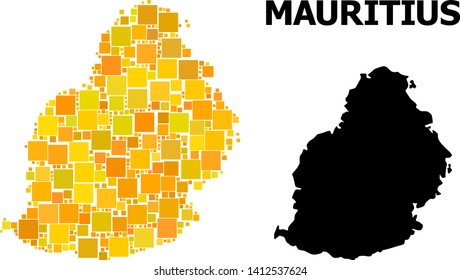 Gold square pattern and solid map of Mauritius Island. Vector geographic map of Mauritius Island in yellow golden color hues. Abstract concept is created from scattered flat square points.