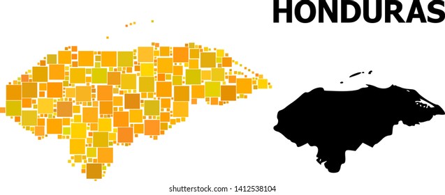 Gold square pattern and solid map of Honduras. Vector geographic map of Honduras in yellow golden color tints. Abstract composition is composed with scattered flat square points.