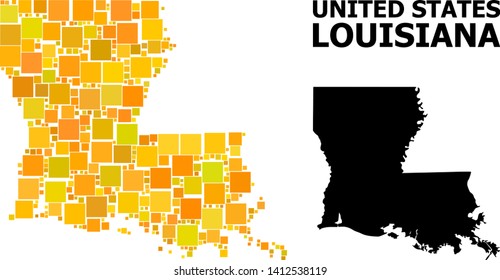 Gold square pattern and solid map of Louisiana State. Vector geographic map of Louisiana State in yellow golden color variations. Abstract composition is combined from randomized flat square dots.