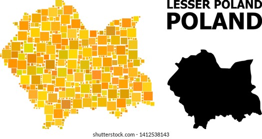 Gold square pattern and solid map of Lesser Poland Province. Vector geographic map of Lesser Poland Province in yellow golden color variations.