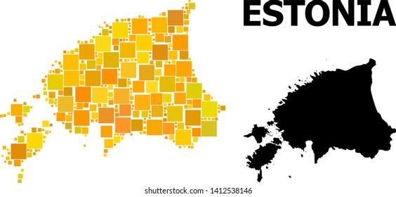 Gold square pattern and solid map of Estonia. Vector geographic map of Estonia in yellow golden color tinges. Abstract mosaic is constructed from scattered flat square items.