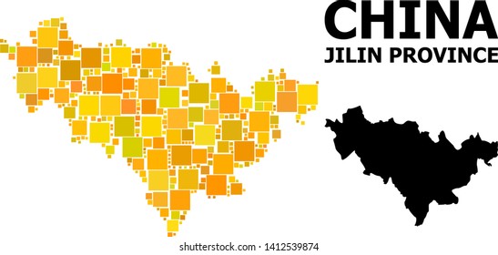 Gold square pattern and solid map of Jilin Province. Vector geographic map of Jilin Province in yellow golden color shades. Abstract collage is created with random flat square elements.