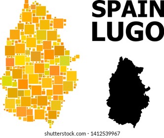 Gold square pattern and solid map of Lugo Province. Vector geographic map of Lugo Province in yellow golden color shades. Abstract collage is organized with scattered flat square pixels.