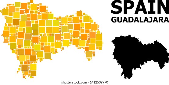 Gold square pattern and solid map of Guadalajara Province. Vector geographic map of Guadalajara Province in yellow golden color hues. Abstract mosaic is done with random flat square parts.