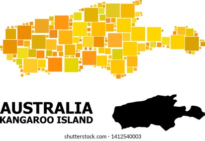 Gold square pattern and solid map of Kangaroo Island. Vector geographic map of Kangaroo Island in yellow golden color tints. Abstract mosaic is combined from scattered flat square dots.