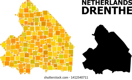 Gold square pattern and solid map of Drenthe Province. Vector geographic map of Drenthe Province in yellow golden color tones. Abstract composition is composed from scattered flat square dots.