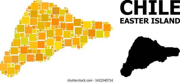 Gold square pattern and solid map of Easter Island. Vector geographic map of Easter Island in yellow golden color tints. Abstract mosaic is constructed with random flat square elements.