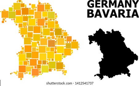 Gold square pattern and solid map of Bavaria State. Vector geographic map of Bavaria State in yellow golden color variations. Abstract composition is combined with scattered flat square pixels.