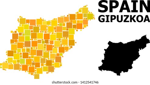 Gold square pattern and solid map of Gipuzkoa Province. Vector geographic map of Gipuzkoa Province in yellow golden color shades. Abstract concept is created with random flat square elements.