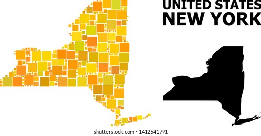 Gold square pattern and solid map of New York State. Vector geographic map of New York State in yellow golden color variations. Abstract concept is constructed with randomized flat square pixels.
