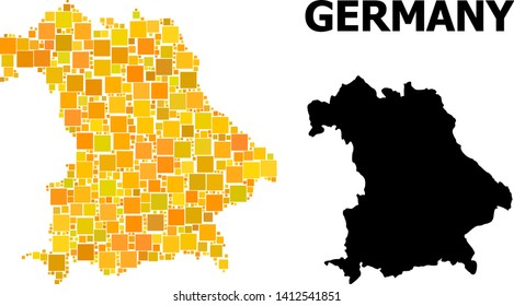 Gold square pattern and solid map of Germany. Vector geographic map of Germany in yellow golden color shades. Abstract concept is organized from random flat square parts.