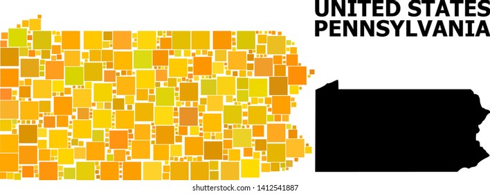 Gold square pattern and solid map of Pennsylvania State. Vector geographic map of Pennsylvania State in yellow golden color tinges. Abstract collage is created with randomized flat square parts.