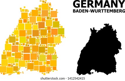 Gold square pattern and solid map of Baden-Wurttemberg State. Vector geographic map of Baden-Wurttemberg State in yellow golden color tones.