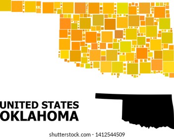 Gold square pattern and solid map of Oklahoma State. Vector geographic map of Oklahoma State in yellow golden color variations. Abstract mosaic is combined from random flat square items.