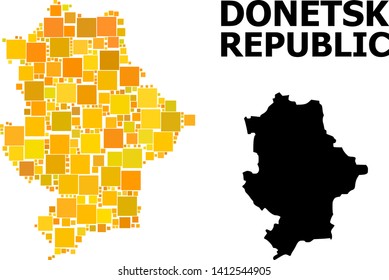 Gold square pattern and solid map of Donetsk Republic. Vector geographic map of Donetsk Republic in yellow golden color tinges. Abstract collage is designed with scattered flat square dots.