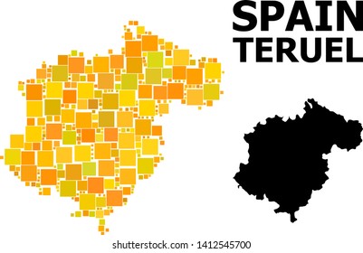 Gold square pattern and solid map of Teruel Province. Vector geographic map of Teruel Province in yellow golden color tinges. Abstract concept is constructed with randomized flat square parts.