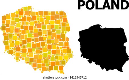 Gold square pattern and solid map of Poland. Vector geographic map of Poland in yellow golden color tints. Abstract composition is designed with scattered flat square parts.