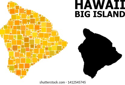 Gold square pattern and solid map of Hawaii Big Island. Vector geographic map of Hawaii Big Island in yellow golden color shades. Abstract collage is composed with scattered flat square elements.
