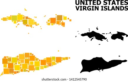 Gold square pattern and solid map of American Virgin Islands. Vector geographic map of American Virgin Islands in yellow golden color tints. Abstract mosaic is done from scattered flat square parts.