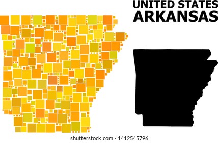 Gold square pattern and solid map of Arkansas State. Vector geographic map of Arkansas State in yellow golden color tints. Abstract concept is combined from random flat square parts.