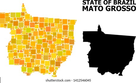 Gold square pattern and solid map of Mato Grosso State. Vector geographic map of Mato Grosso State in yellow golden color tones. Abstract mosaic is constructed from randomized flat square points.