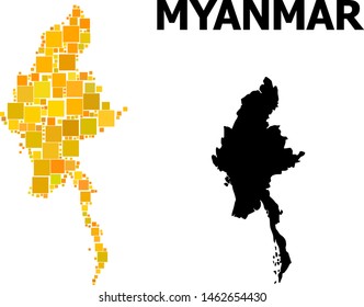 Gold square pattern and solid map of Myanmar. Vector geographic map of Myanmar in yellow golden color shades. Abstract collage is composed from scattered flat square pixels.