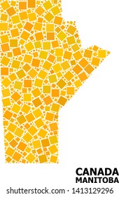 Gold square pattern vector map of Manitoba Province. Abstract collage geographic map of Manitoba Province is organized with random flat rotated square parts.