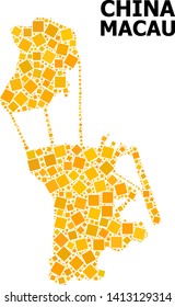Gold square pattern vector map of Macau. Abstract collage geographic map of Macau is organized from randomized flat rotated square parts. Vector illustration in yellow golden color hues.