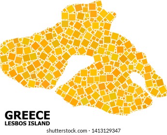 Gold square pattern vector map of Lesbos Island. Abstract composition geographic map of Lesbos Island is composed with scattered flat rotated square parts.