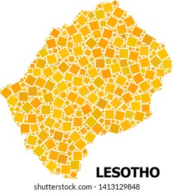 Gold square pattern vector map of Lesotho. Abstract collage geographic map of Lesotho is designed with randomized flat rotated square items. Vector illustration in yellow golden color shades.