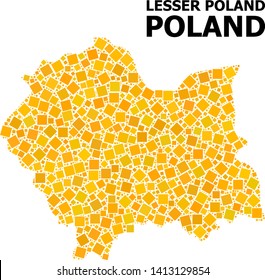 Gold square pattern vector map of Lesser Poland Province. Abstract collage geographic map of Lesser Poland Province is organized with randomized flat rotated square parts.