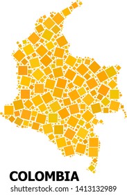 Gold square pattern vector map of Colombia. Abstract collage geographic map of Colombia is created from randomized flat rotated square items. Vector illustration in yellow golden color tinges.