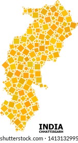 Gold square pattern vector map of Chhattisgarh State. Abstract composition geographic map of Chhattisgarh State is combined from randomized flat rotated square points.