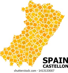 Gold square pattern vector map of Castellon Province. Abstract collage geographic map of Castellon Province is combined from scattered flat rotated square elements.