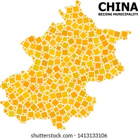 Gold square pattern vector map of Beijing Municipality. Abstract mosaic geographic map of Beijing Municipality is organized with random flat rotated square elements.