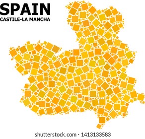 Gold square pattern vector map of Castile-La Mancha Province. Abstract mosaic geographic map of Castile-La Mancha Province is organized with random flat rotated square parts.