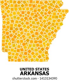 Gold square pattern vector map of Arkansas State. Abstract composition geographic map of Arkansas State is combined from random flat rotated square elements.