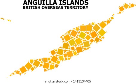 Gold square pattern vector map of Anguilla Islands. Abstract mosaic geographic map of Anguilla Islands is constructed from randomized flat rotated square dots.
