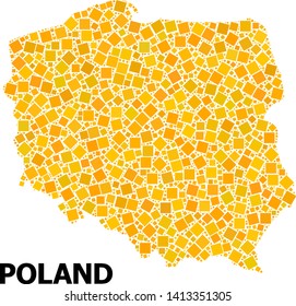 Gold square pattern vector map of Poland. Abstract concept geographic map of Poland is combined from randomized flat rotated square points. Vector illustration in yellow golden color tones.
