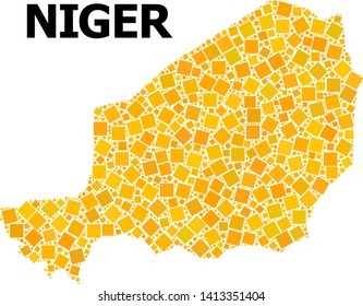 Gold square pattern vector map of Niger. Abstract collage geographic map of Niger is designed from scattered flat rotated square elements. Vector illustration in yellow golden color tones.