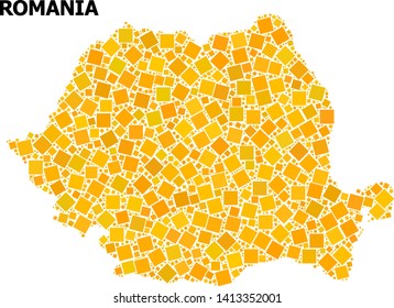 Gold square pattern vector map of Romania. Abstract collage geographic map of Romania is done with random flat rotated square items. Vector illustration in yellow golden color tints.